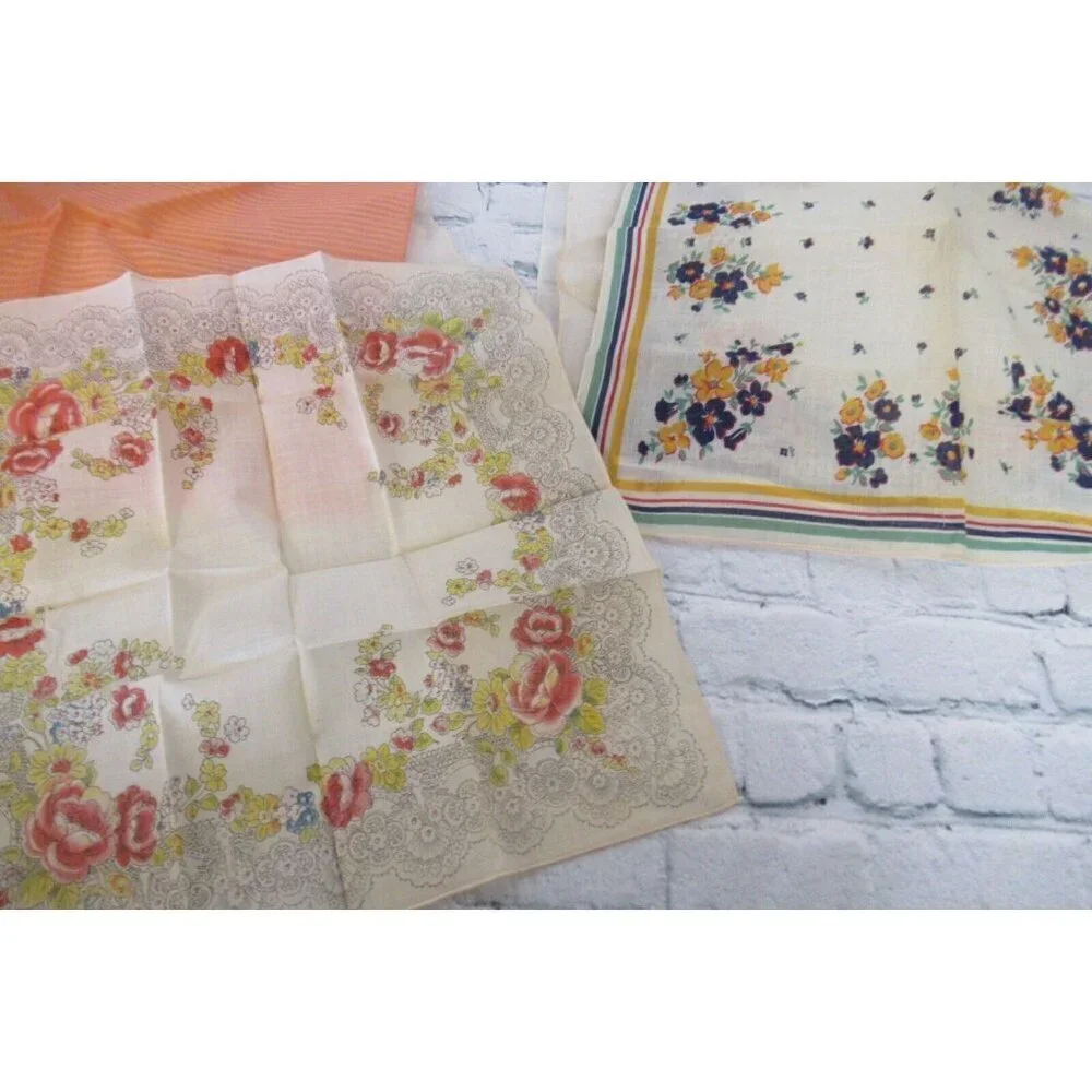 Vintage MCM Handkerchiefs Lot 10 Lace Embroidered Prints Solids Mix Some In Box
